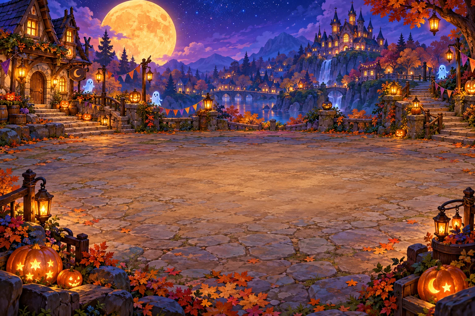 Moonlit Hollow game artwork: glowing lanterns, a village bridge, pumpkins, and a castle beneath the full moon