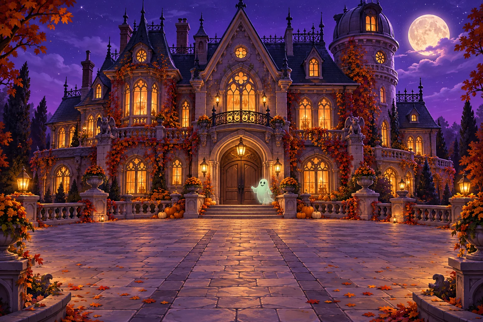 The Haunted Mansion, with illuminated windows and an observatory tower